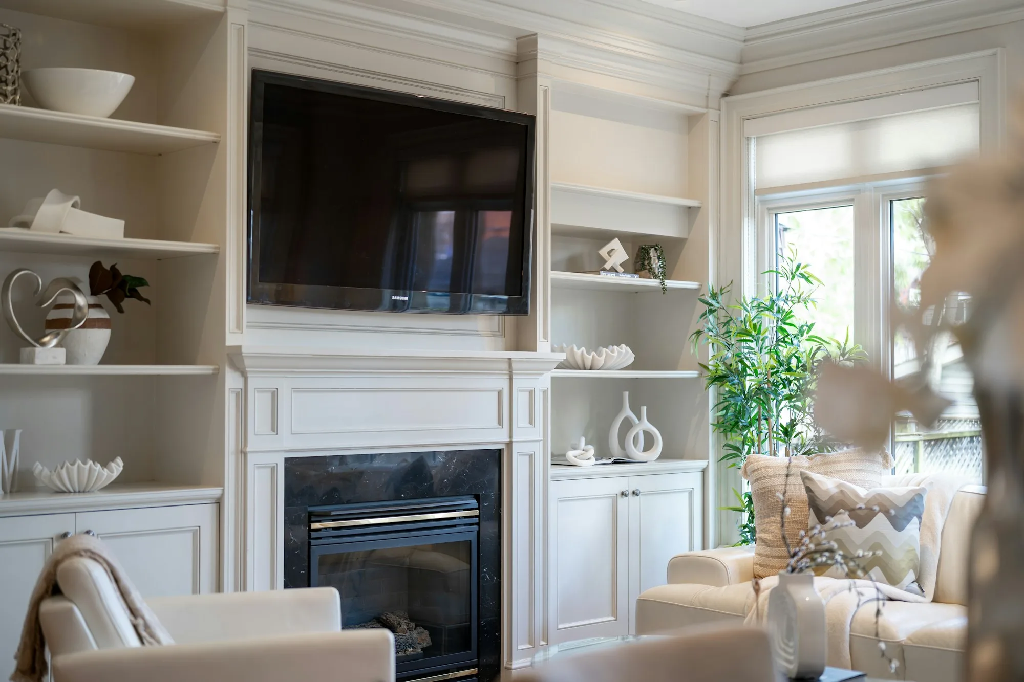 Modern living room with fireplace, television and built-in shelving