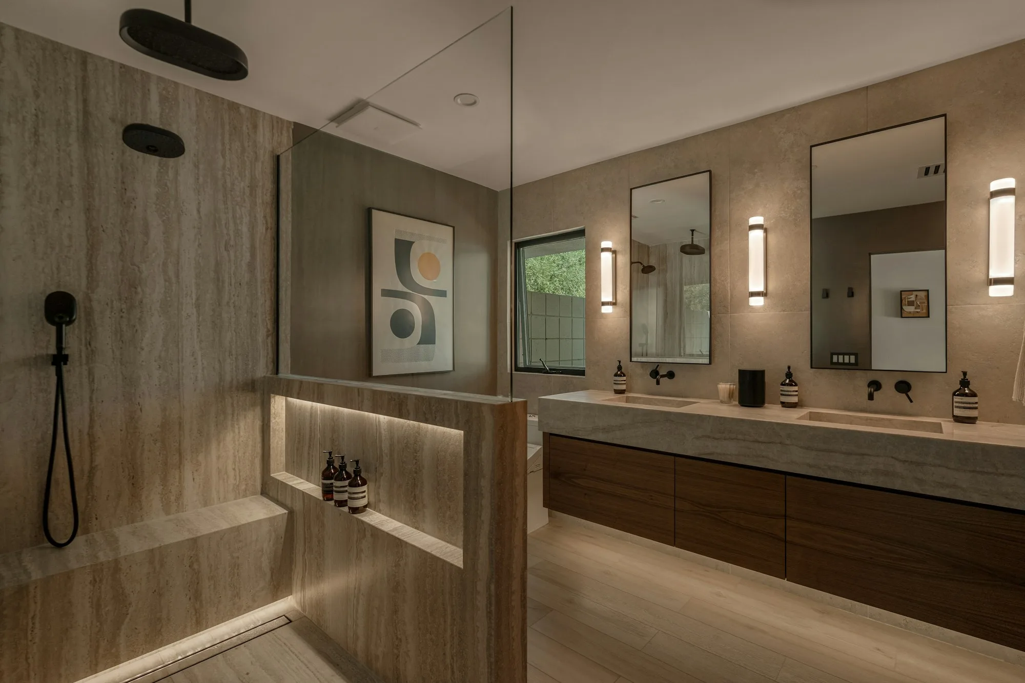 Bathroom with a floating double vanity and a walk-in shower